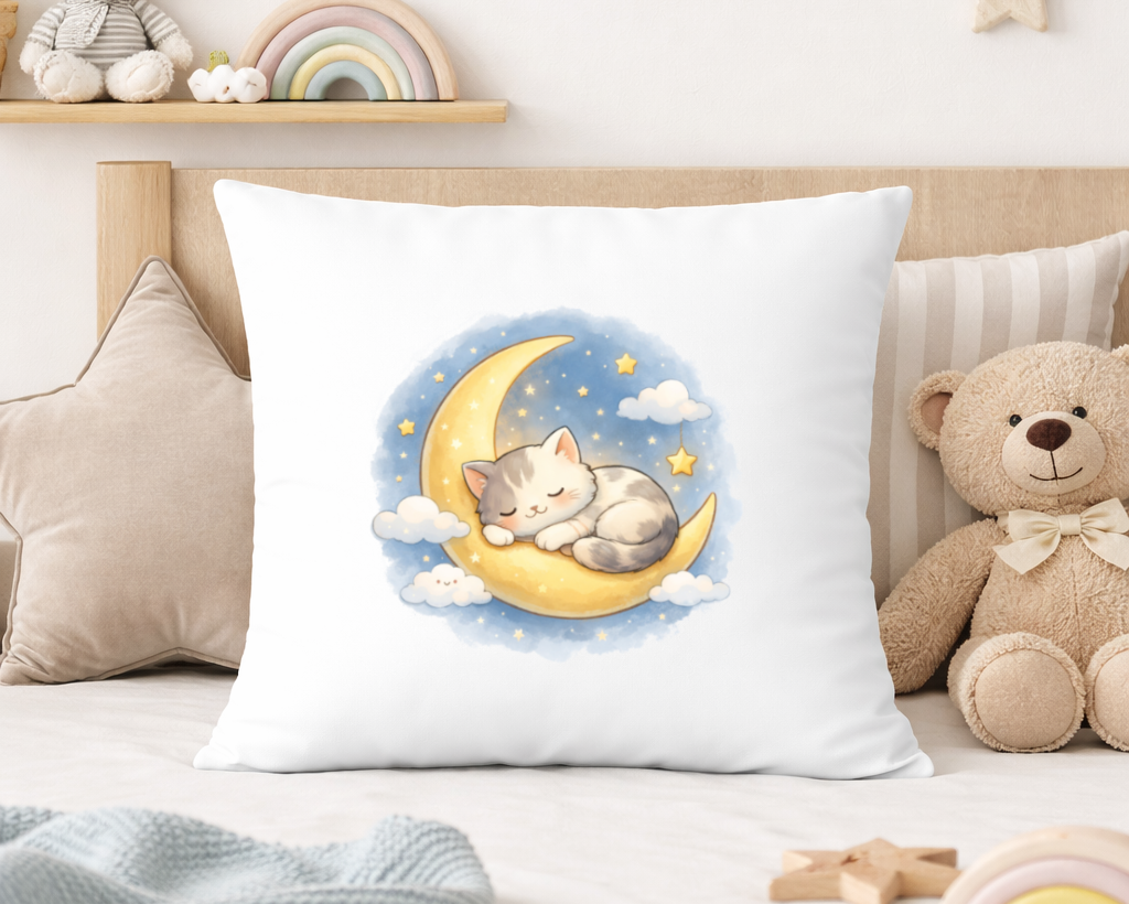 cojin infantil gato durmiendo en la luna con estrellas decoracion bebe
