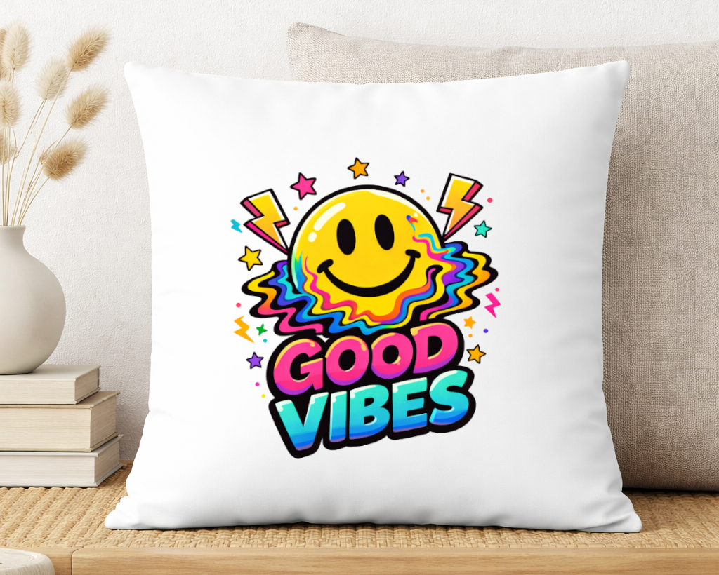 cojin good vibes sonrisa colores diseño divertido decorativo juvenil