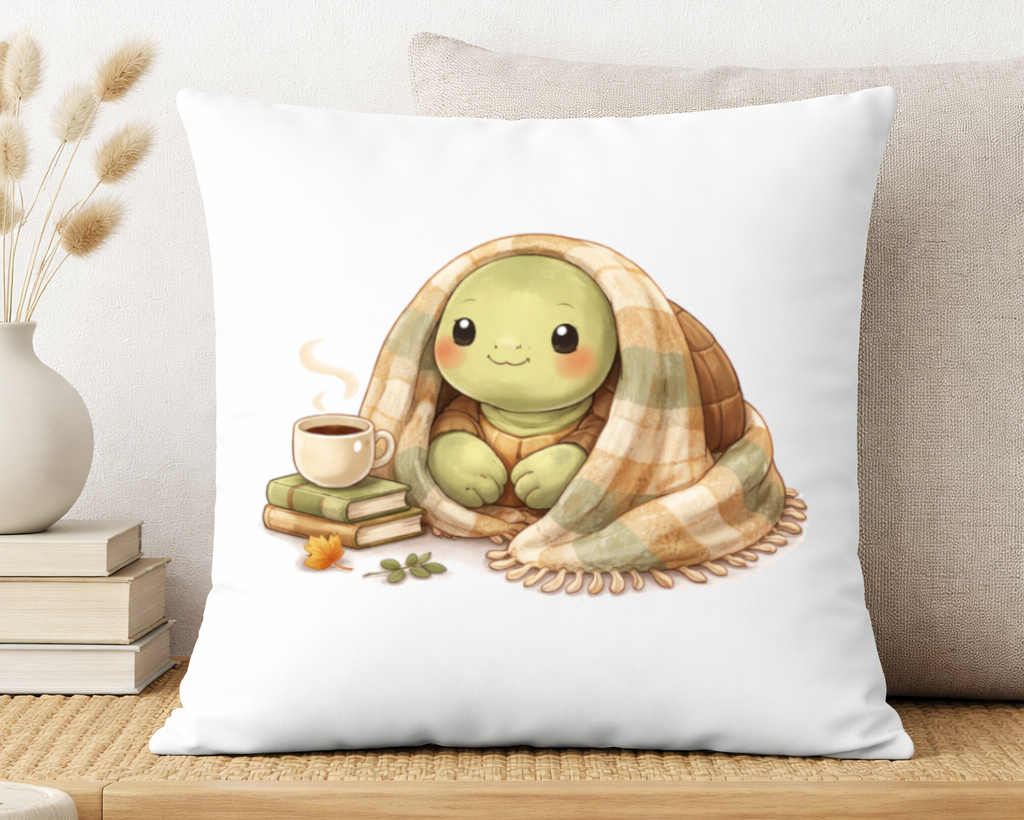 cojin decorativo tortuga con manta y taza de cafe estilo cozy otoña