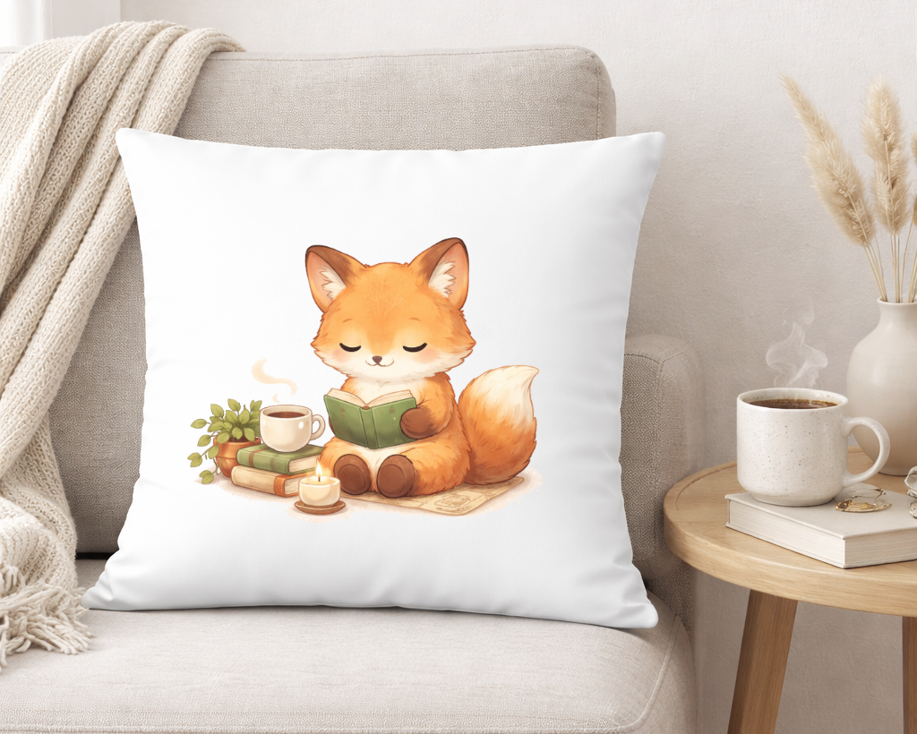 cojin zorro leyendo libro cafe relajante boho decoracion hogar