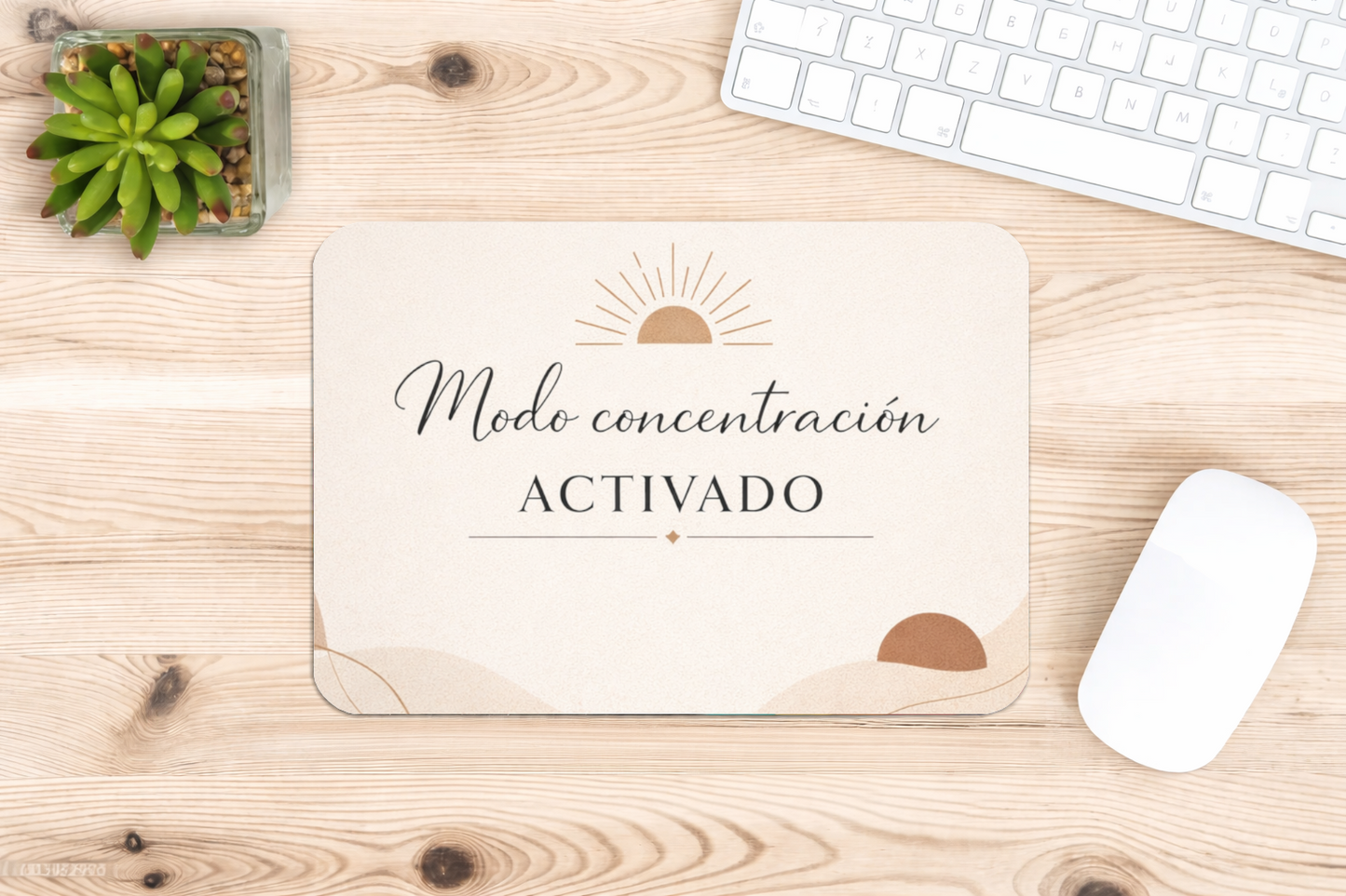 alfombrilla de raton boho beige con frase modo concentracion activado estilo minimalista decoracion escritorio