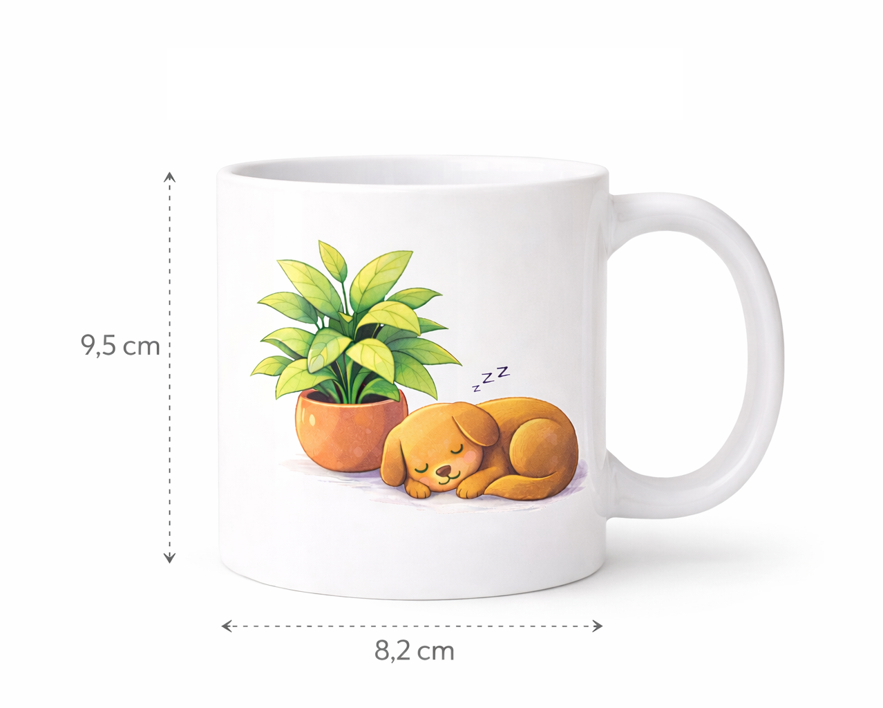 Taza blanca con diseño de perro dormido con medidas 9,5 cm alto y 8,2 cm diámetro fondo limpio