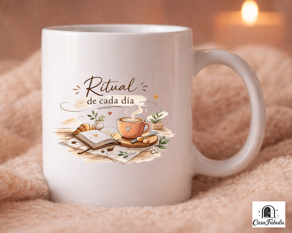 Taza blanca con diseño ritual de cada día con café y libro estilo boho acogedor