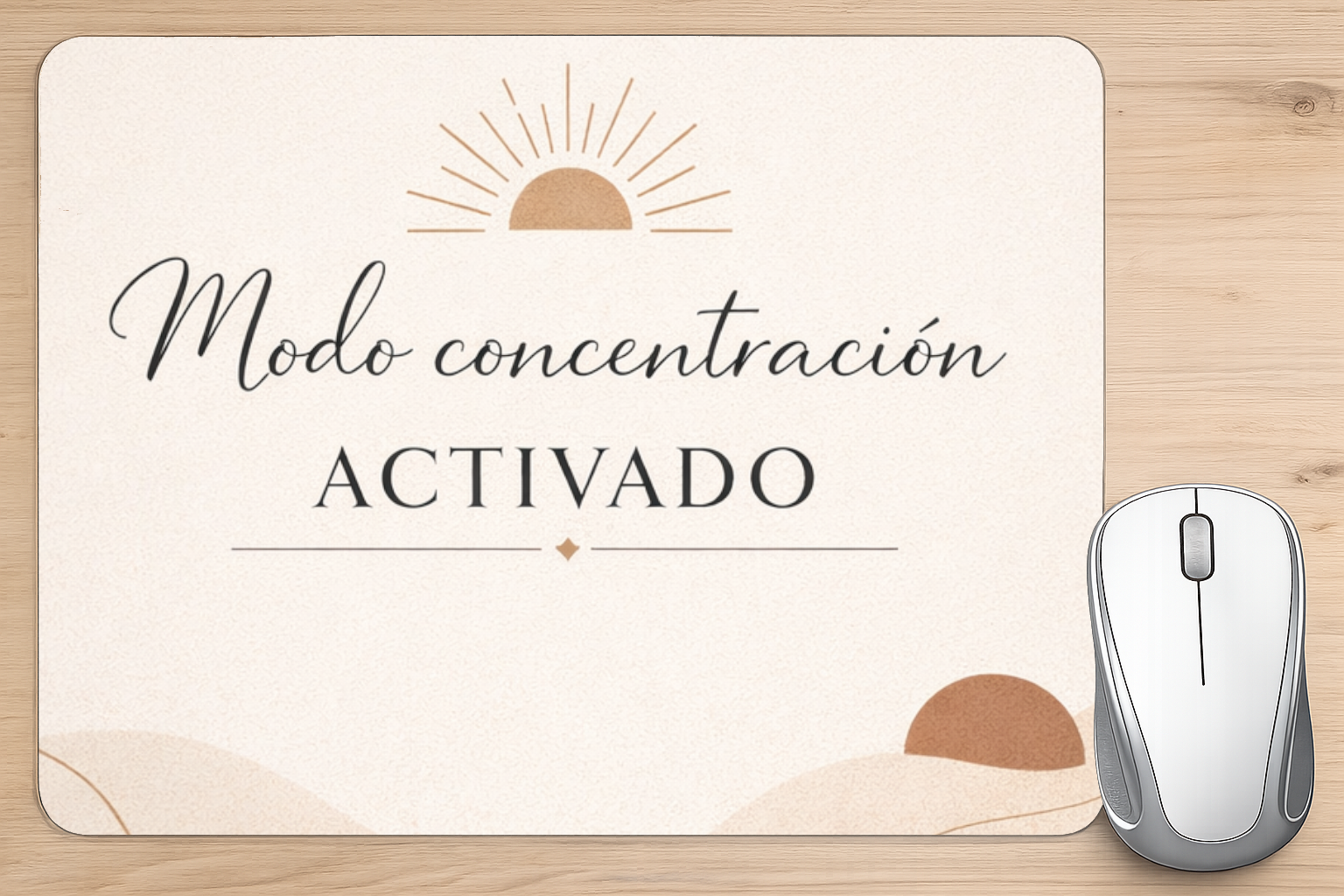 alfombrilla de raton boho beige con frase modo concentracion activado estilo minimalista decoracion escritorio