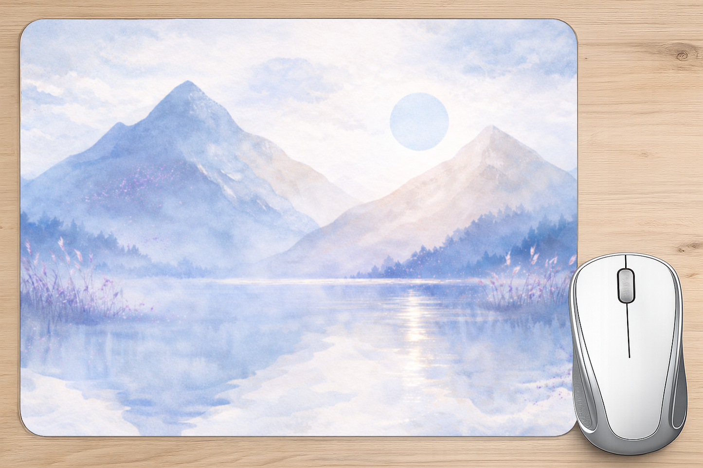 alfombrilla ratón paisaje montañas lago azul diseño relajante escritorio