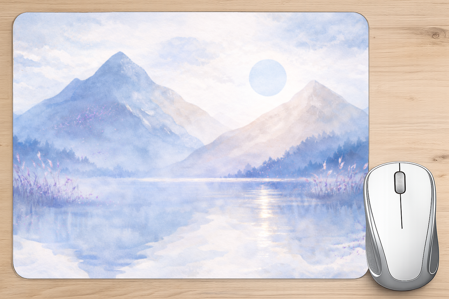 alfombrilla ratón paisaje montañas lago azul diseño relajante escritorio