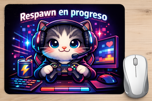 alfombrilla de raton gato gamer respawn en progreso diseño divertido gaming escritorio