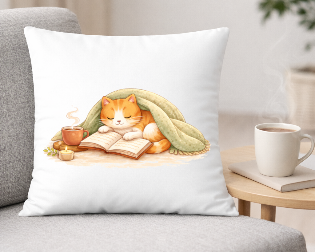 Cojín decorativo con gato leyendo estilo cozy sobre fondo blanco