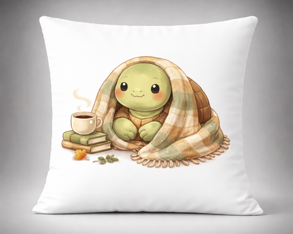 cojin decorativo tortuga con manta y taza de cafe estilo cozy otoña