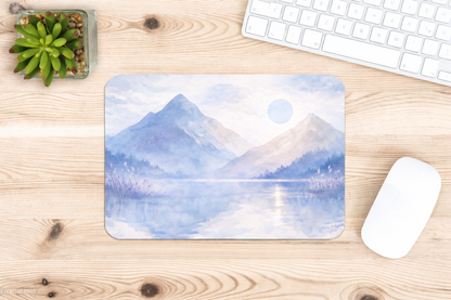 alfombrilla ratón paisaje montañas lago azul diseño relajante escritorio