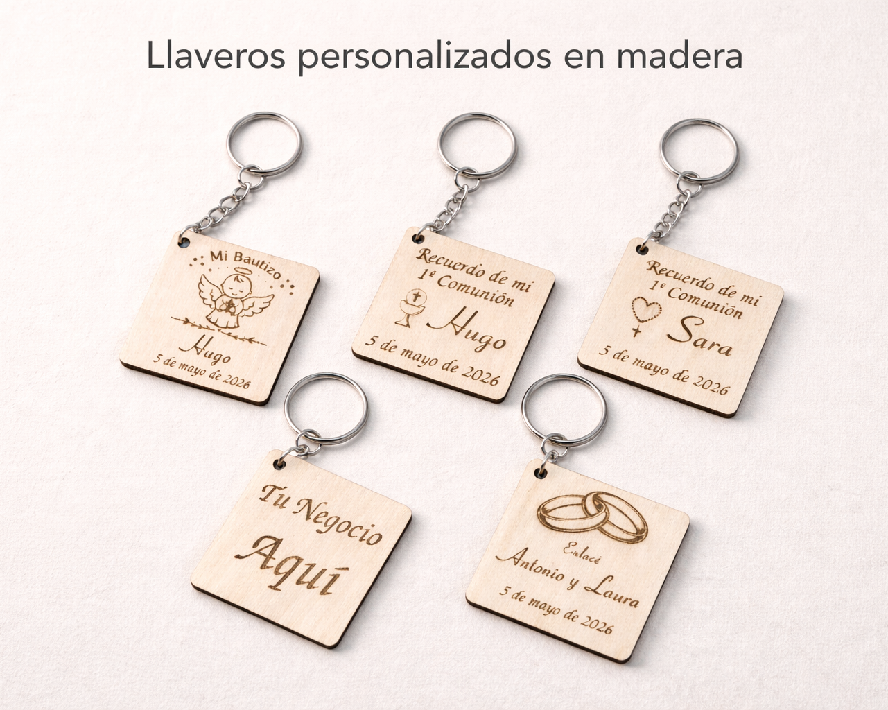 Llavero de madera personalizado grabado con nombres y fechas para bautizo, comunión y bodas, pack de modelos personalizados