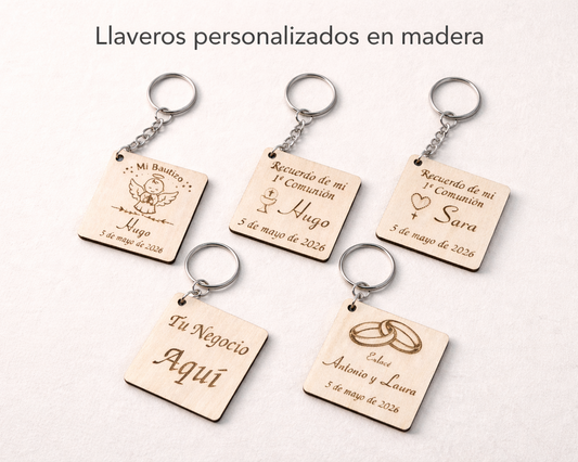 Llavero de madera personalizado grabado con nombres y fechas para bautizo, comunión y bodas, pack de modelos personalizados