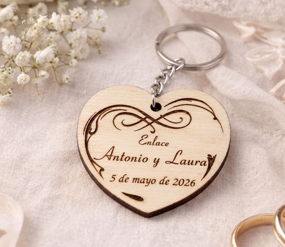 Llavero de madera personalizado con forma de corazón grabado con láser para invitados de boda