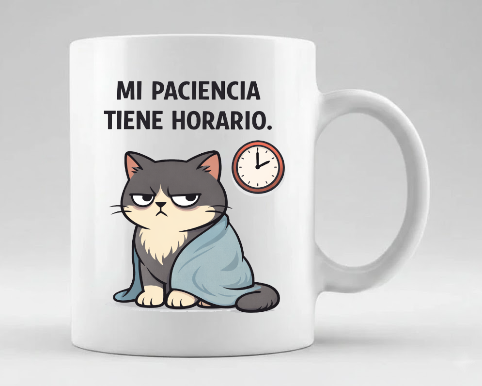 taza divertida gato con manta y reloj frase mi paciencia tiene horario