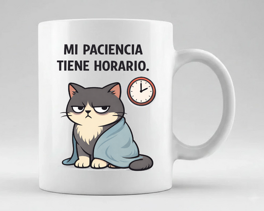 taza divertida gato con manta y reloj frase mi paciencia tiene horario