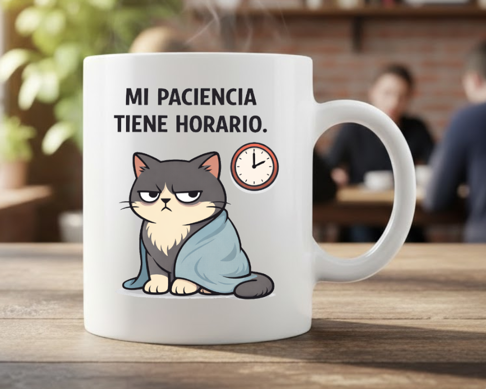 taza divertida gato con manta y reloj frase mi paciencia tiene horario