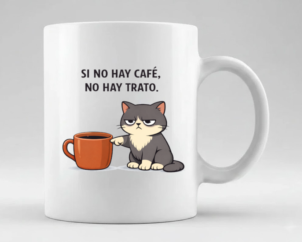 taza divertida con gato gruñon y frase si no hay cafe no hay trato