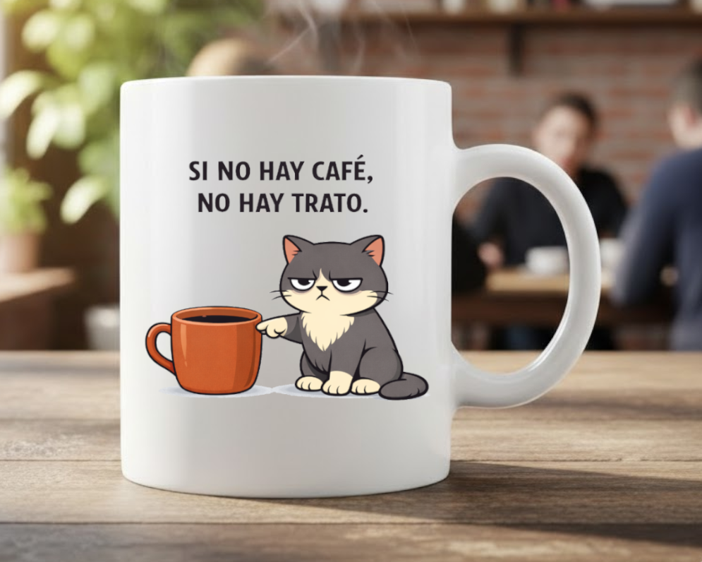 taza divertida con gato gruñon y frase si no hay cafe no hay trato