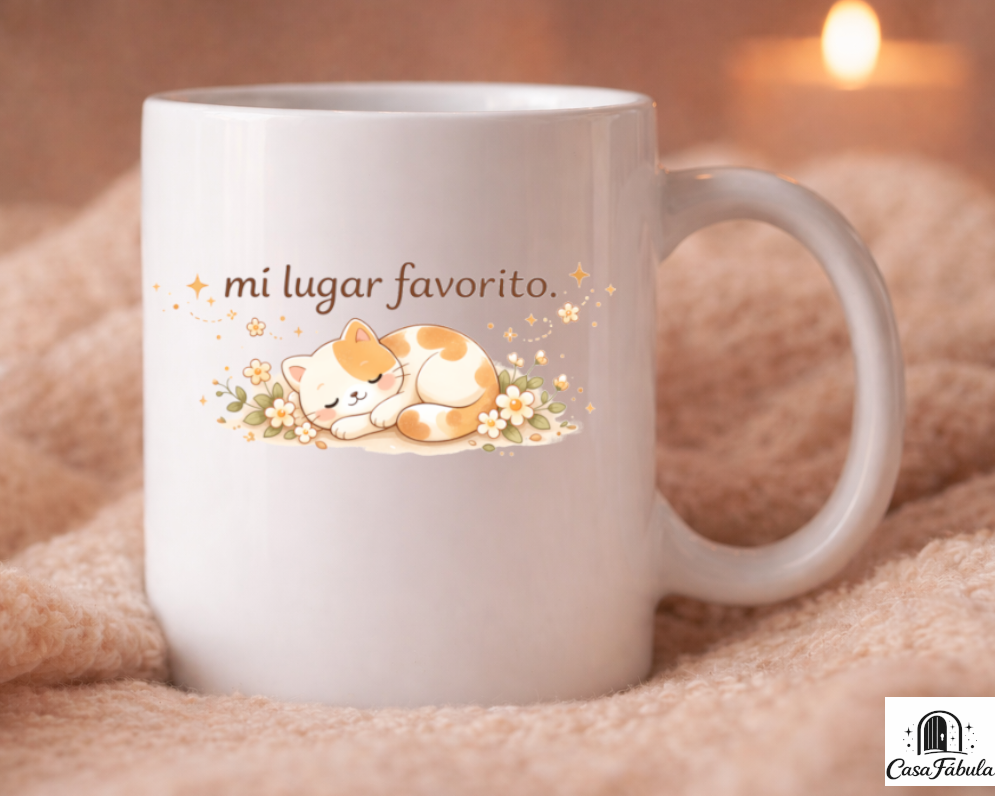 Taza mi lugar favorito con gatito kawaii dormido entre flores
