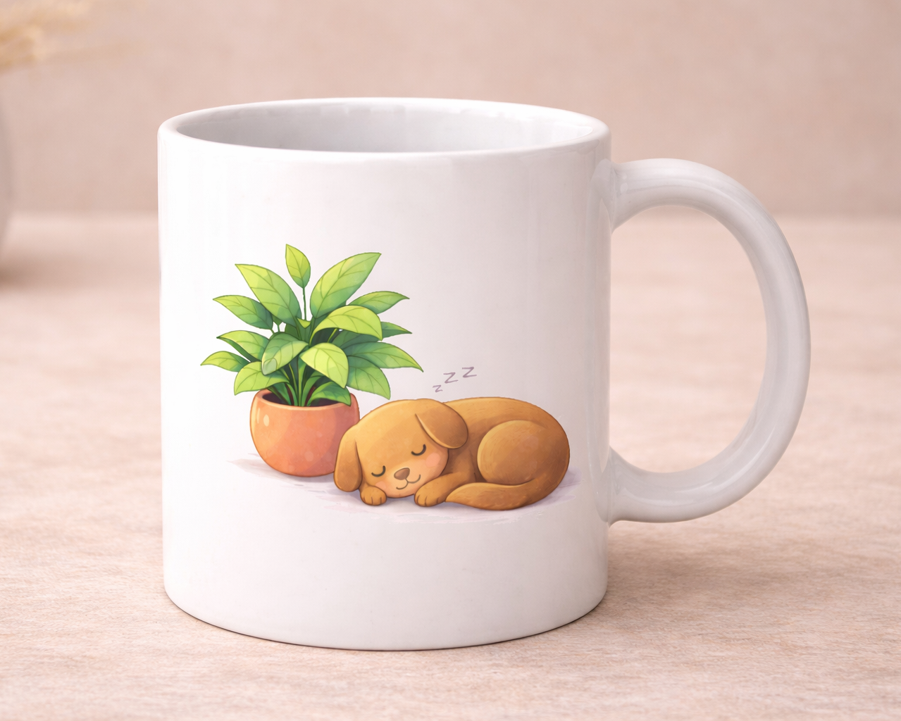 Taza blanca con ilustración de perro dormido junto a planta en maceta estilo minimalista fondo neutro