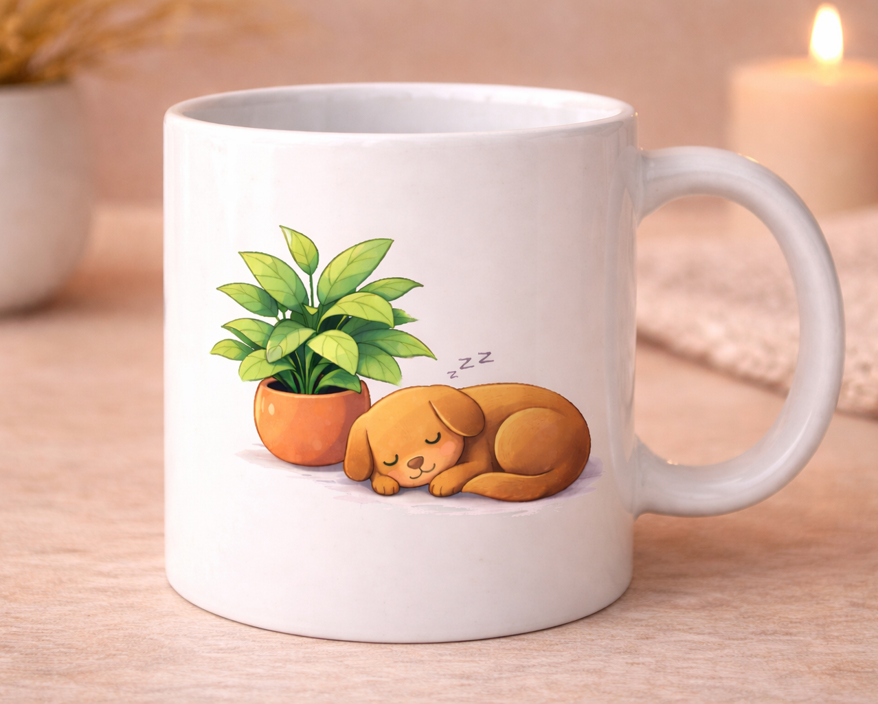 Taza blanca con diseño de perro dormido vista en ángulo con café en interior estilo acogedor