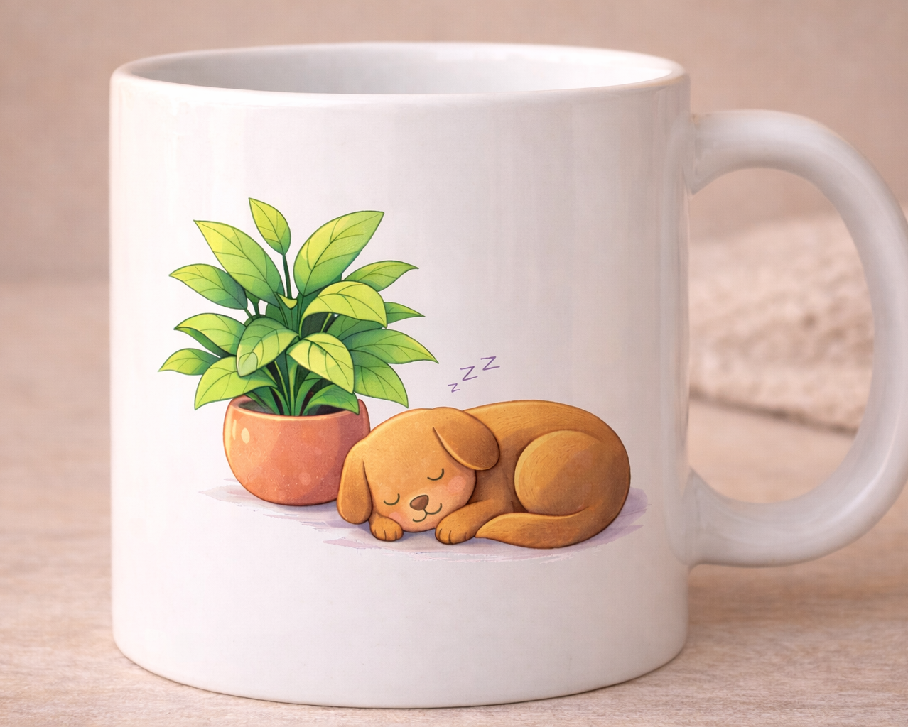Detalle ilustración perro durmiendo junto a planta en taza blanca diseño tierno estilo kawaii