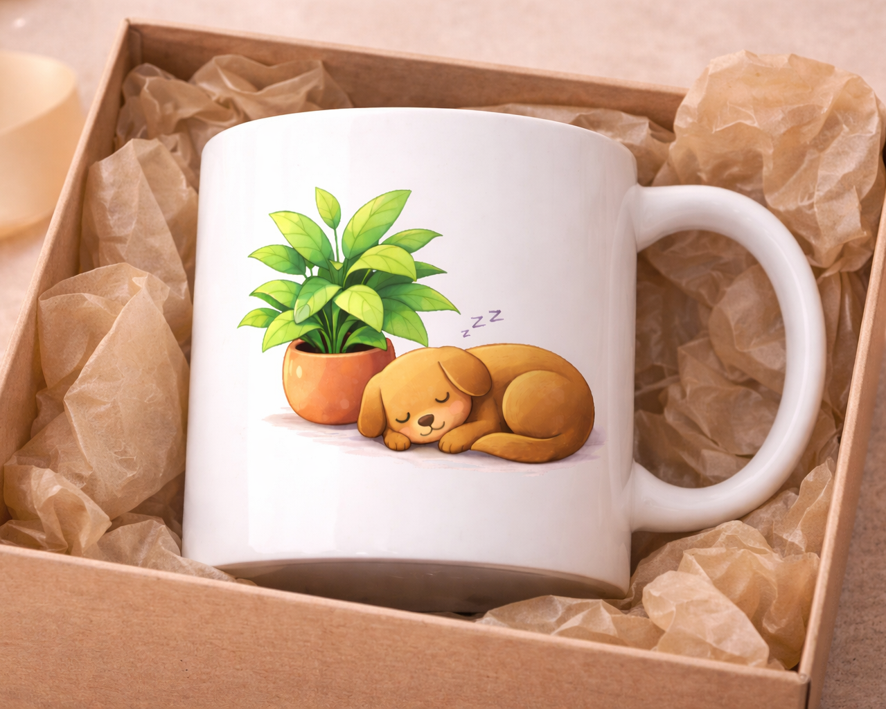Taza blanca con ilustración de perro dormido junto a planta en maceta presentada en caja de regalo con papel kraft estilo acogedor ideal para regalo