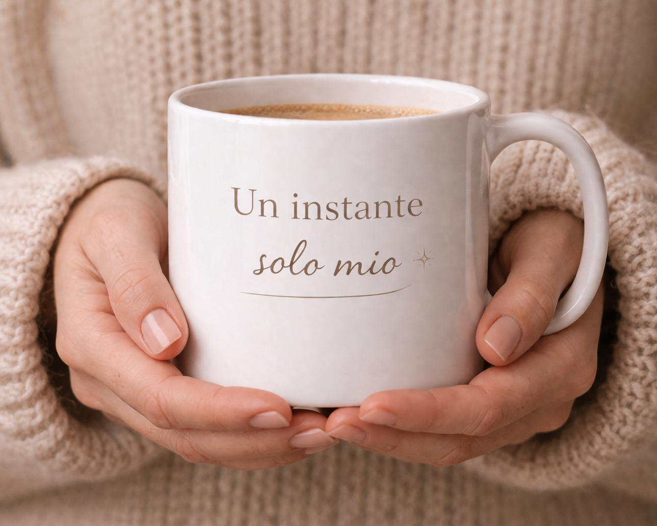Taza blanca sostenida en manos en ambiente cálido, diseño “Un instante solo mío”, estilo lifestyle
