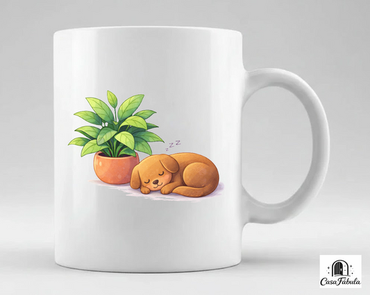 Taza blanca con ilustración de perro dormido junto a planta estilo kawaii relajante
