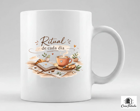 Taza blanca con diseño ritual de cada día con café y libro estilo boho acogedor